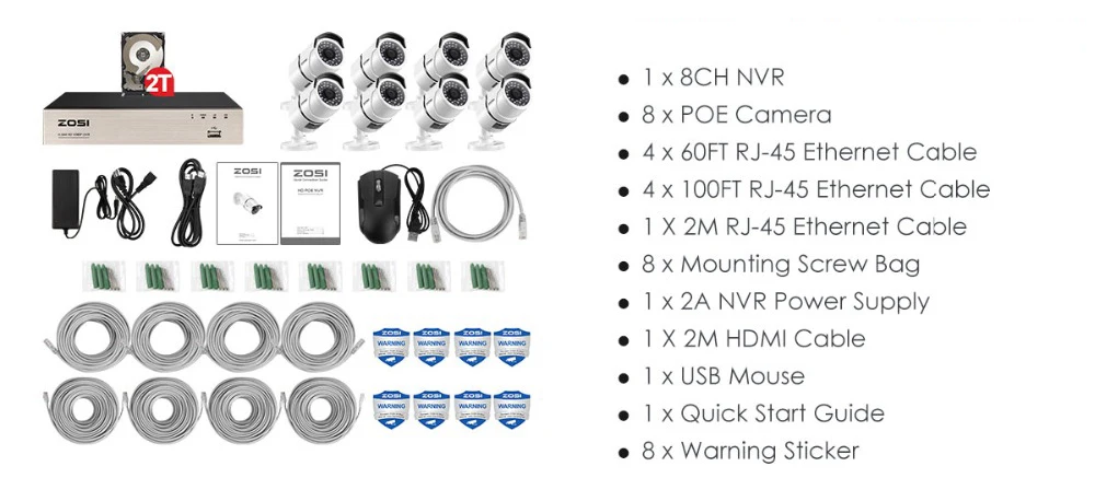 ZOSI POE IP видео Камера 8-канальный CCTV Системы 1080P Bullet Камера 2MP наблюдения комплект приборов безопасности DVR ночного видения для жесткого диска