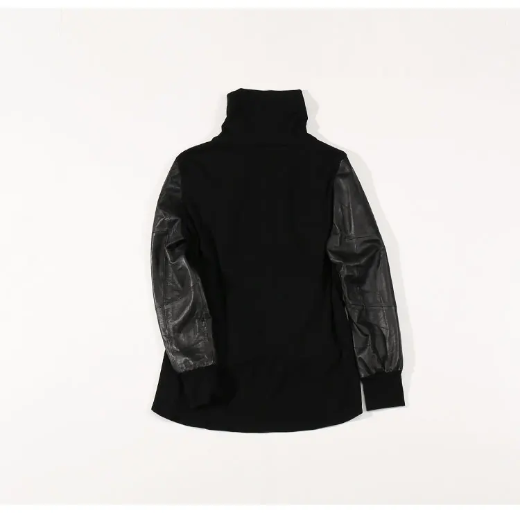 Женская куртка из натуральной кожи, черная, эластичная талия, высокая горловина, приталенная, корейский стиль, уличная одежда из натуральной овчины, женские повседневные куртки