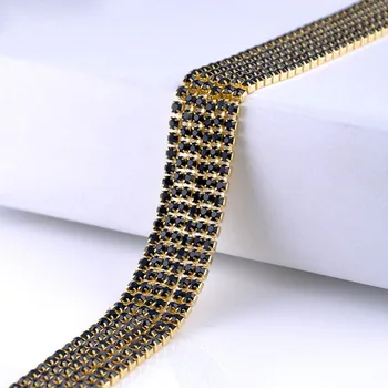 

Single row rhinestones chain black crystals gold claw base cup chain stones and crystals strass sew on rhinestones for germent