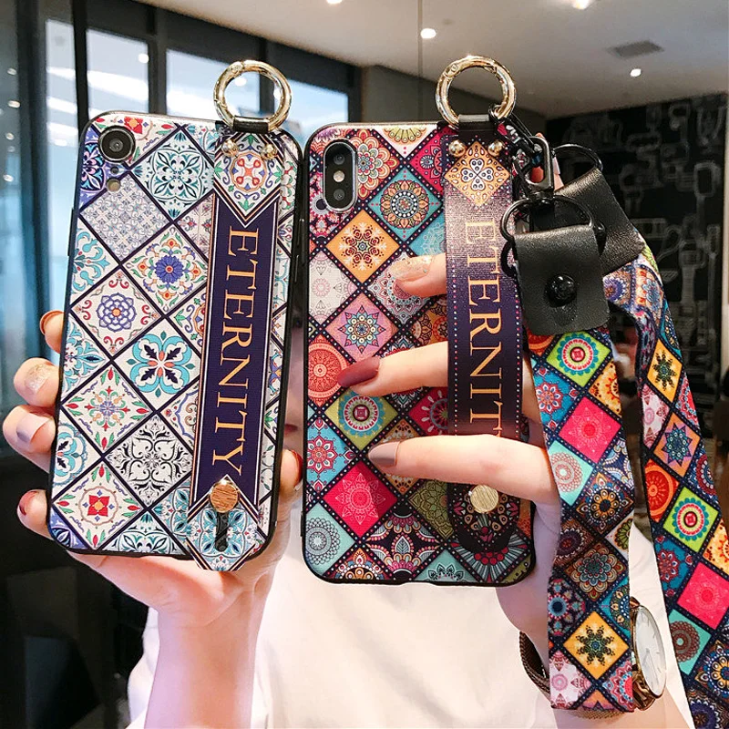 

Retro Flower Pattern Wrist Strap Soft TPU Case For iphone Xs Max Xr X 6 6s 7 8 Plus Fashion Floral Lanyard Holder Back Cover Cap