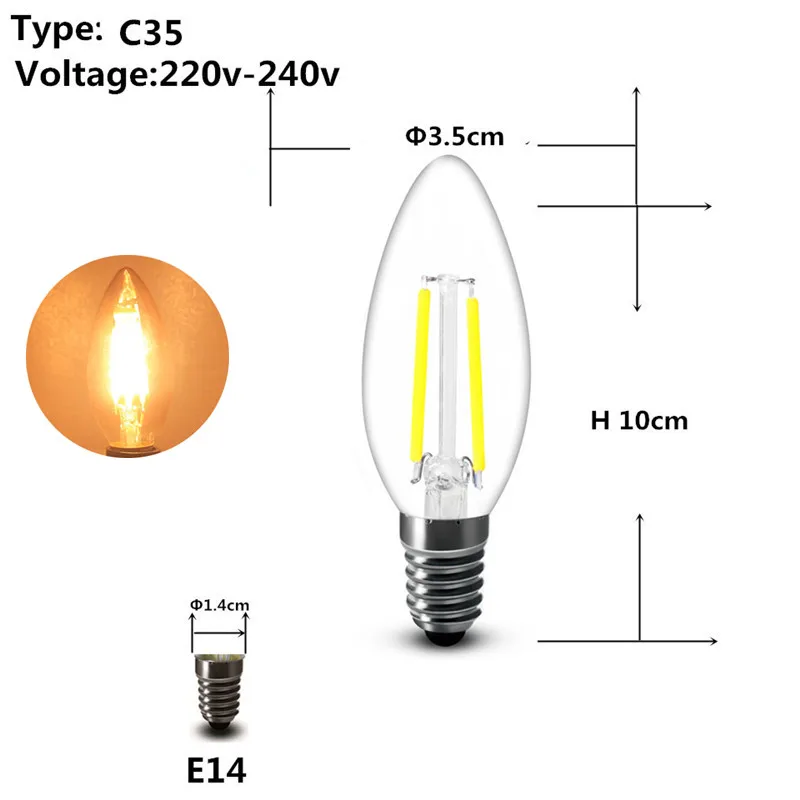 2 Вт 4 Вт 6 Вт 8 Вт COB Светодиодный прожектор E27 E14 220 в 230 В A60 G45 C35 Глобус матовый fliament светодиодный шар лампа светильник лампа - Испускаемый цвет: Clear c35 E14