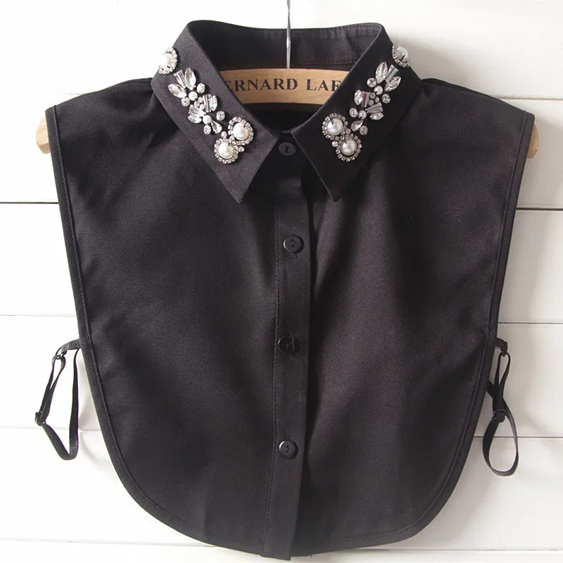 

New Women Lapel Fake Collar Chiffon White Pearl Rhinestone beading Fake Collar Removable Shirt Accessories Blouse Collar