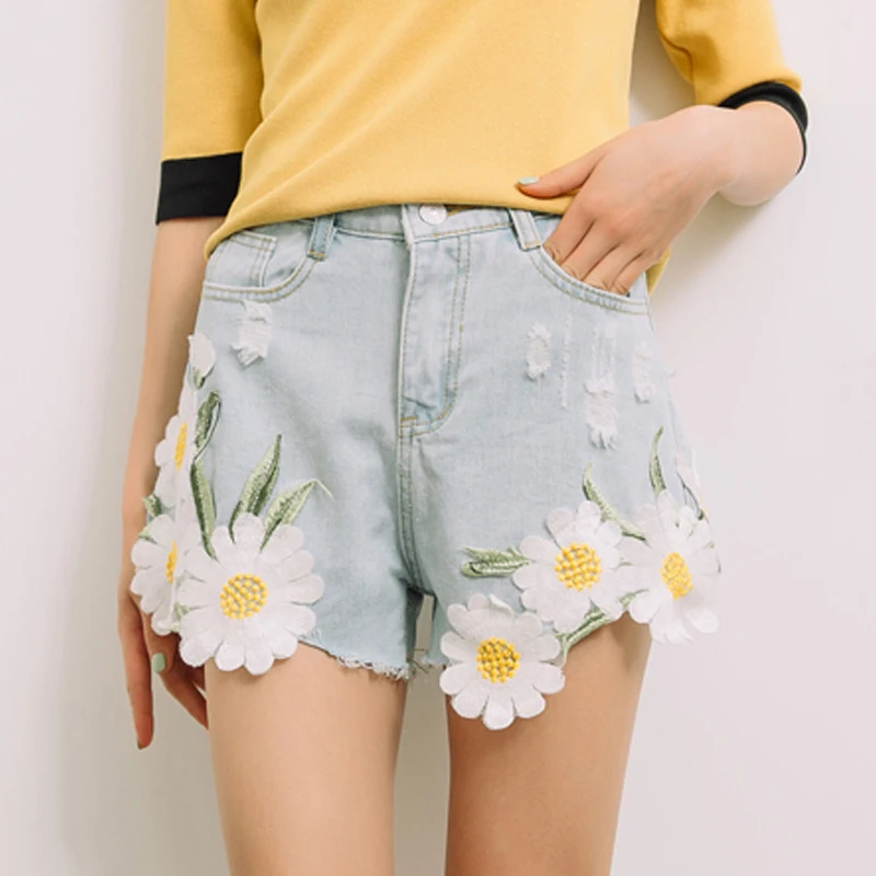 Summer Women Denim Shorts Daisy Embroidery High Waist Denim Shorts