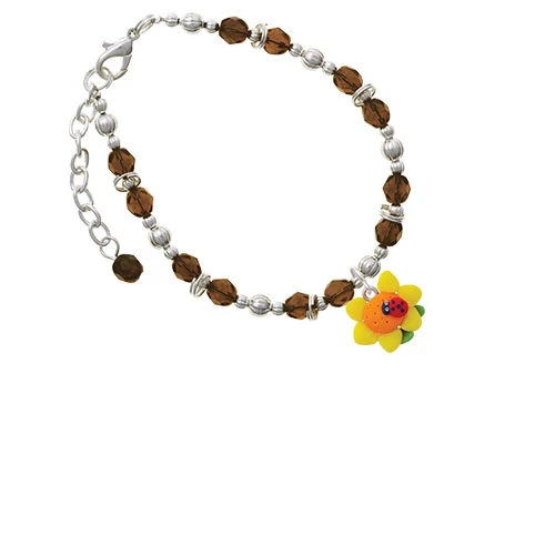 Fimo Clay Sunflower with Ladybug Brown Beaded Bracelet