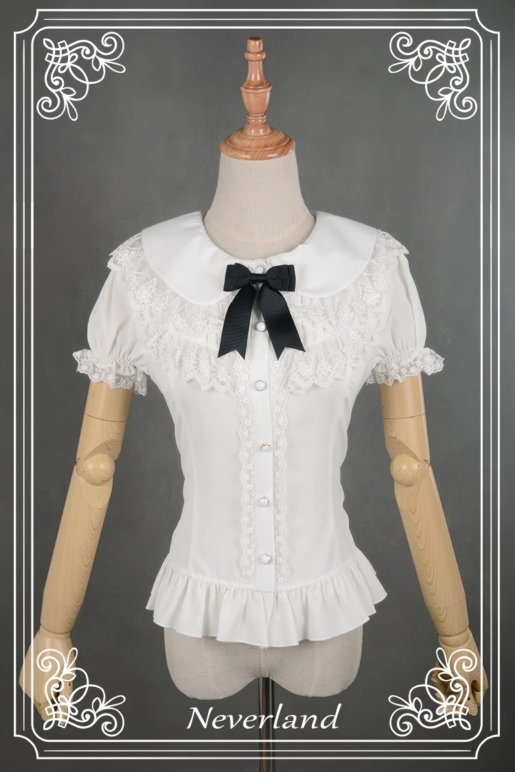 

Women's Summer Lolita Lace Trim Peter Pan Collar Blouse Puffy Short Sleeve Back Cross Tie Cute Shirt Tops 3 Colors