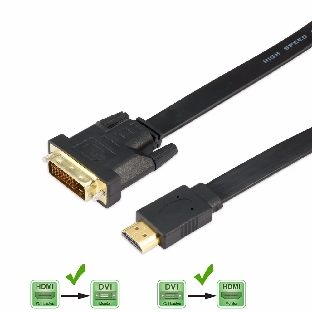 

DVI to HDMI Cable or HDMI to DVI Bi Directional Male to Male High Speed Flat Adapter Cable Support 1080P Full HD (black)