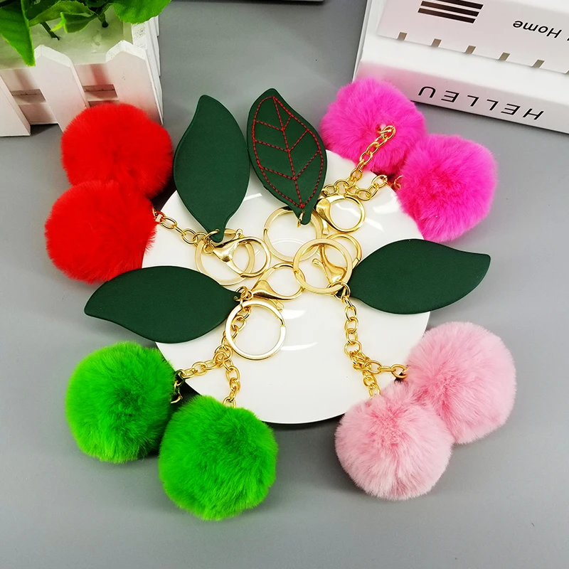 New Cherry Pompom Ball Keychains PU Leaves Jewelry Charms Handbag Pendant Decoration Car Key Ring Accessories Ornament Kids Gift | Украшения