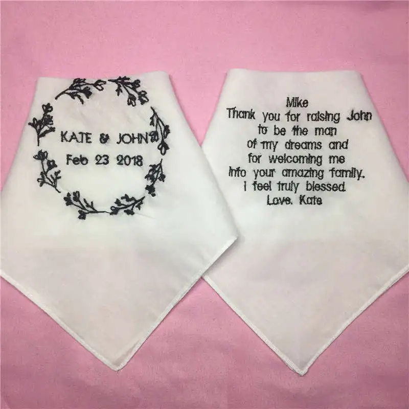 

1 Set/ 2pcs Wedding Handkerchiefs for Parents of the Bride and Groom, Embroidered Wedding Napkin and Hankie with Saying