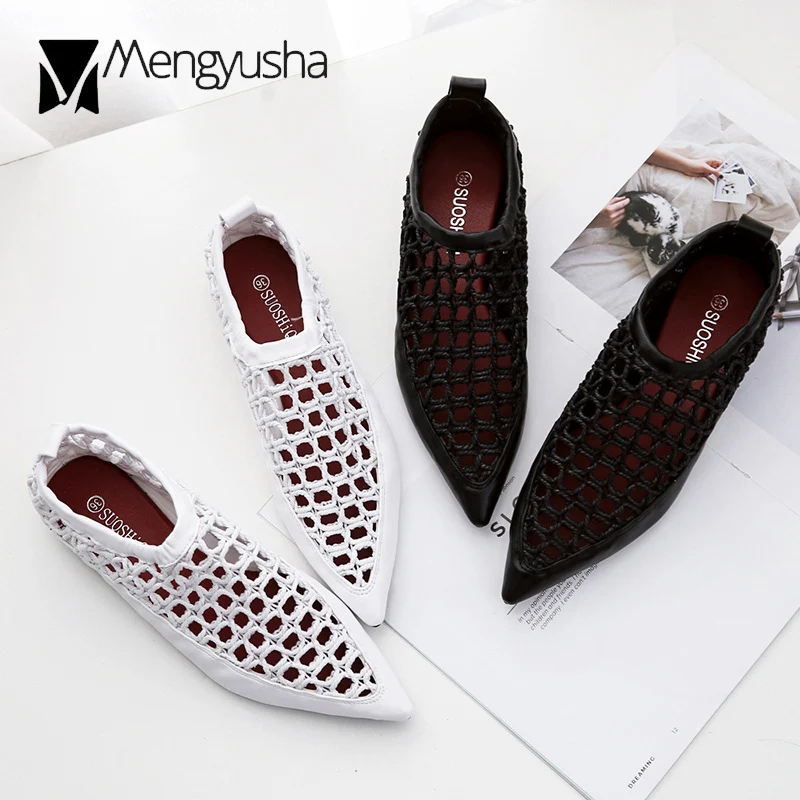 

black/white cutout rope sandals women pointed toe flat summer shoes breathable mesh espadrilles sandalias women hollow mulesc618