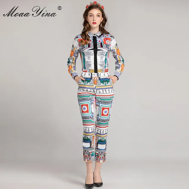 Cheap MoaaYina 2018 Fashion Designer Set Spring Women Long sleeve Turn-down Collar Vintage Print Shirt+3/4 Pencil pants Two-piece suit Cheap MoaaYina 2018 Fashion Designer Set Spring Women Long sleeve Turn-down Collar Vintage Print Shirt+3/4 Pencil pants Two-piece suit