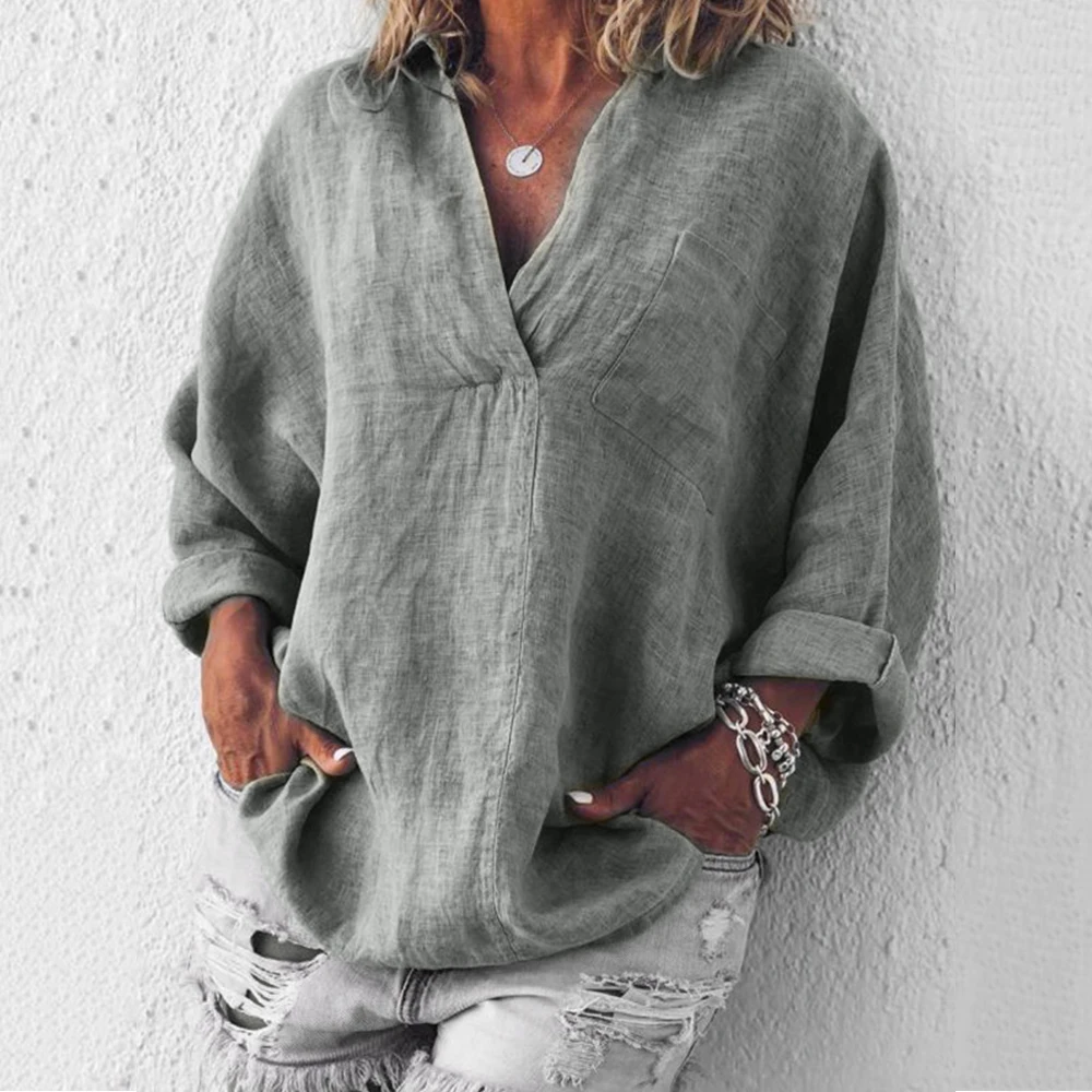 Summer Plus Size Tunic Women Cotton Linen Blouse 3XL Plus Size Female Shirt Solid V-Neck Long Sleeve Womens Tops and Blouses