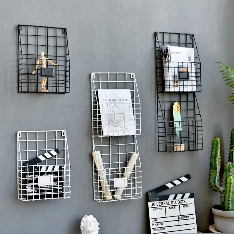 Creative iron grid magazine wall hanging storage rack living room wall