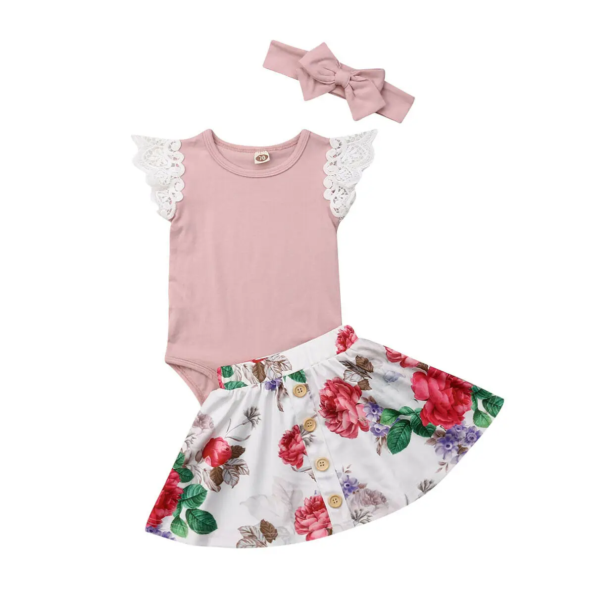 

2019 Summer Cotton Floral Short Sleeve Fashion Newborn Baby Girls Lace Tops Romper Floral Skirt Headband Outfits 3-24 M