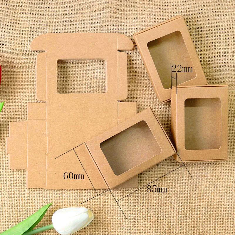 20 pcs فارغة كرافت صندوق ورقي مع نافذة صابون يدوي الصنع مربع مجوهرات الكوكيز هدية صندوق حلوى الزفاف حزب الديكور 85x60x22mm