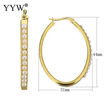 

YYW 1Pair Gold-color Stainless Steel Hoop Earring Resin White Pearl Beaded Oval Circle Ear Loops Earrings Women Pendientes
