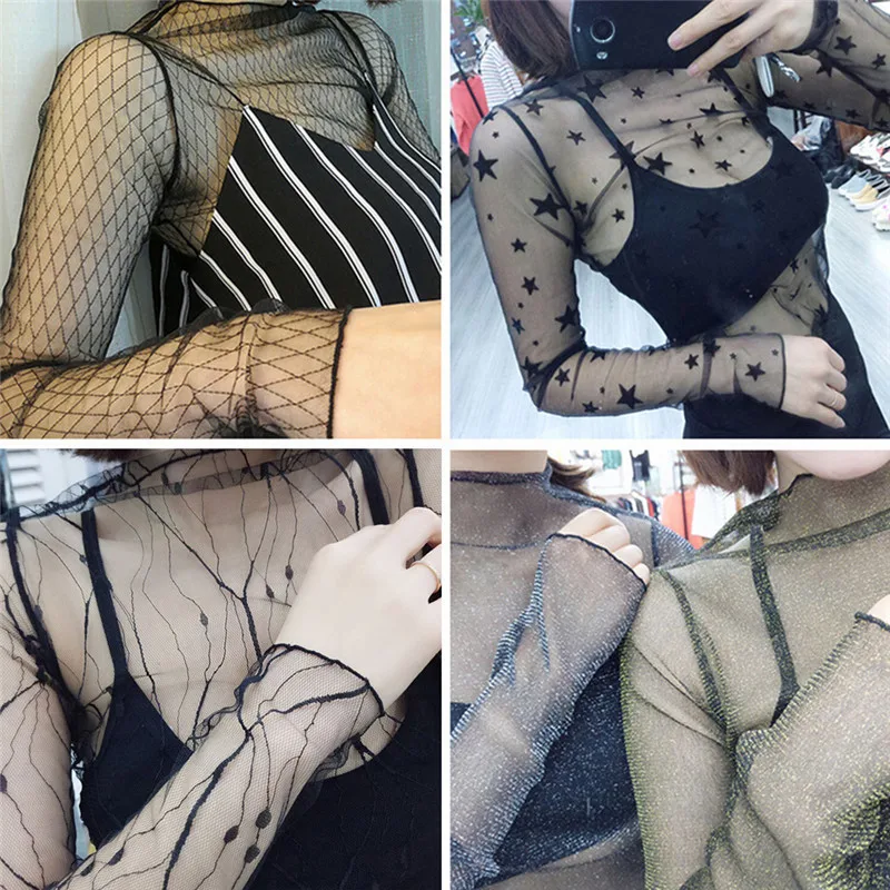 

1Pcs Summer European Fashion Erotic Women Transparent Black Hollow Mesh Net Blouse Long Sleeve Shirts Sheer Tops