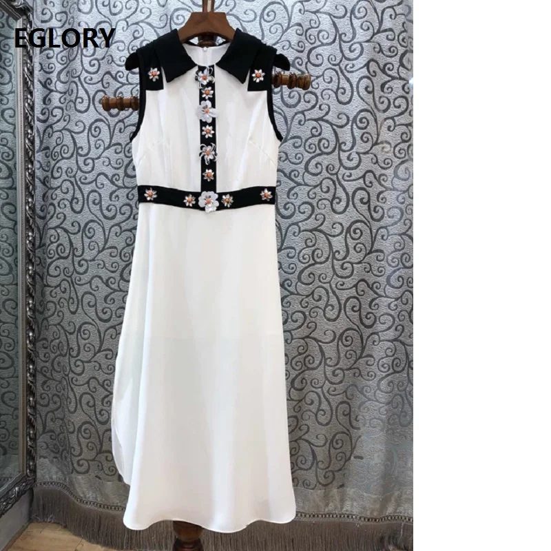 

New In 2019 Spring Summer Style Dress Women Turn-down Collar Appliques Beading Flower Patchwork Sleeveless Party Midi Dresses