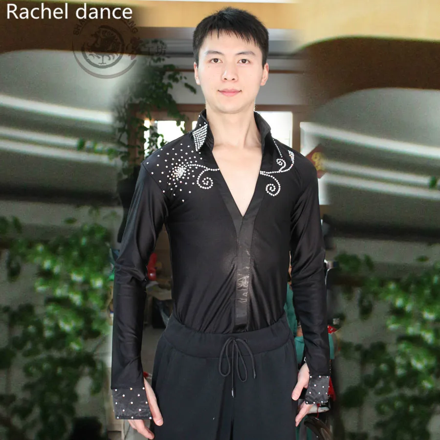 Фабричный выход может быть смешанная партия мужские латинские танцевальные платья черная футболка с длинными рукавами с бриллиантами квадратная танцевальная одежда