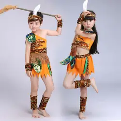 Дети мальчик девочка примитивные индийский Wildman Косплэй костюм дети Savage Производительность костюмы вечерние платье декор Хэллоуин
