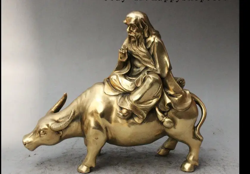 

62688<<+++10 China Brass Taoism Literati LaoTzu LaoZi Ride strong Ox Bull Statue Sculpture