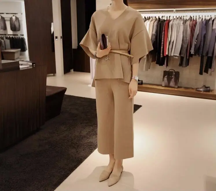 Women's suit female  spring and autumn new V-neck bat sleeve knit loose shirt + wool wide leg slim pants knit suit women plus size sweat suits