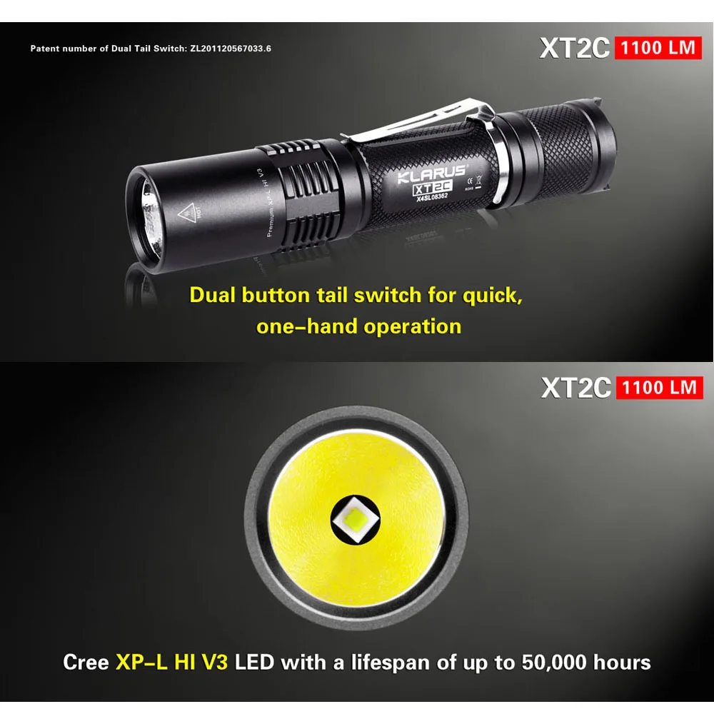 ФОТО Klarus XT2C CREE LED Flashlight Torch XM-L2 U2 1100 Lumens Tactical Camping Hiking Lantern IPX-8 Waterproof Outdoor Linternas