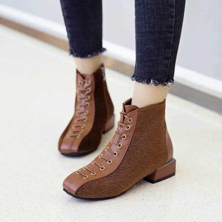 

2019 Winter Boots Women'S Thick With Frosted Stitching Side Lace Up Shoes High-Heeled Square Head Martin Boots Women'S Shoes