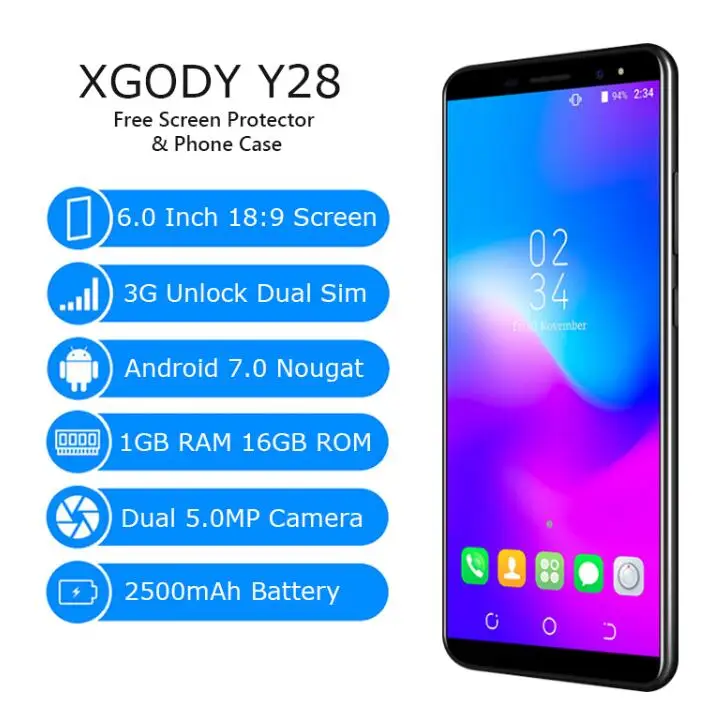 Флэш продажи XGODY Y28 6 0 &quotQHD 18:9 Дисплей Android 7 мобильный телефон 1 GB + 16 MTK6580 4 ядра 5MP gps
