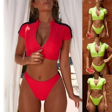 

Jacket Zipper Sexy Lady Fission Two-Piece Swimsuit Short Sleeves2018 Women Push up Swimsuits Bikini set Sexy Swimwear Female