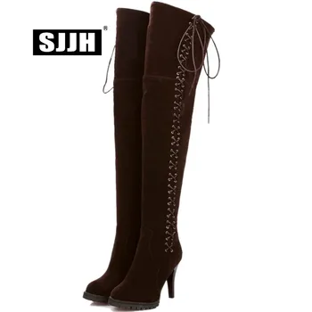 

SJJH Women Stiletto Long Chelsea Boots with Round Toe Flock Cross-tied Over-the-Knee Boots Fashion Roman Shoes Large Size Q370