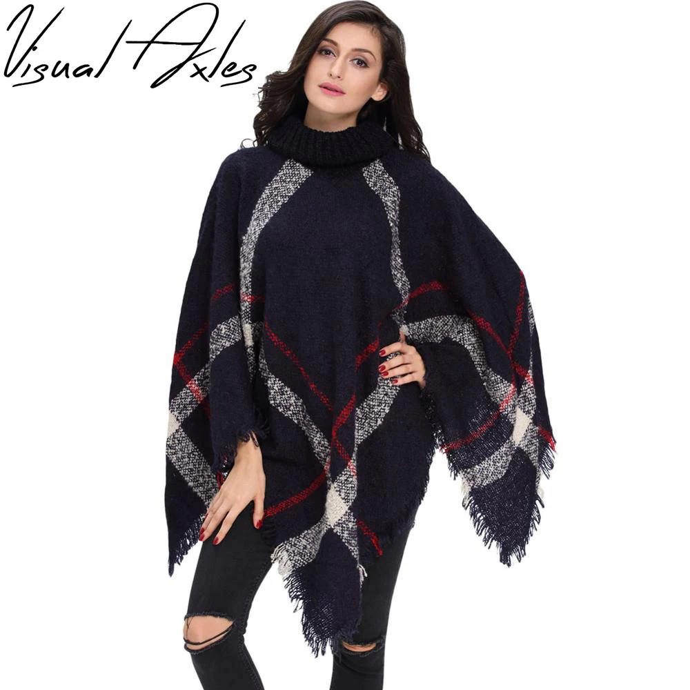 

[Visual Axles] 2017 Plus Size Winter Warm Women's Wool Turtleneck Sleeveless Pullovers Plaid Knit Sweater Poncho