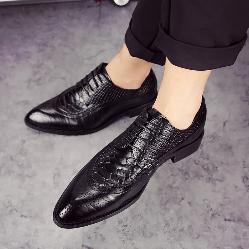 men formal shoes leather luxury brand snake fish skin pointed toe dress footwear male office italian brogue oxford shoes for men (15)