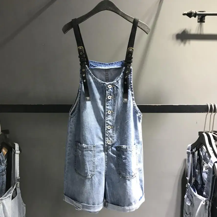 

2019 summer fashion denim shorts women loose single breasted wide-leg jeans overalls shorts plus size 26-31