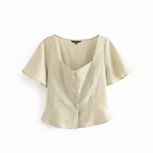 Популярная новинка, AAZZ40-9381, Европейская и американская мода, блузка с рукавом в виде листьев лотоса, пуговицы