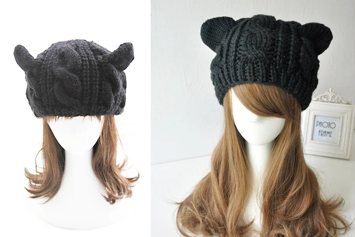 Новый женский шерстяной вязаный шапка Кепки кошачьи уши Gorros Берет шапочка Touca капот вязаный крючком Плетеный лыж Зима теплая Шапки