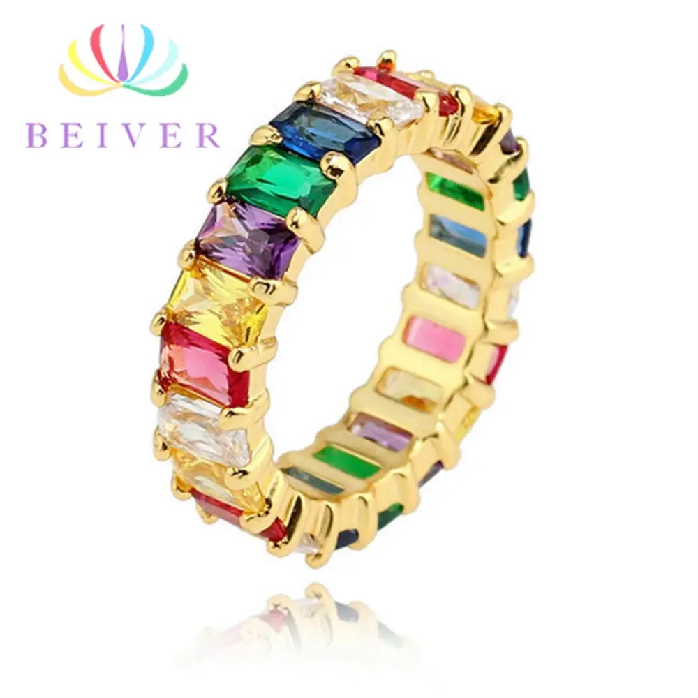 Beiver Cz обручальное кольцо для женщин 5 цветов Радуга багет многоцветный кубический цирконий Вечность кольцо ювелирные изделия