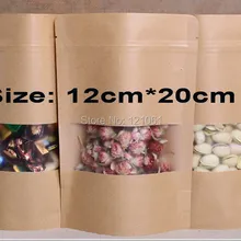 12*20 см, 100 шт/партия, стоячий крафт-бумажный пакет с окном, крафт-пенал на молнии, крафт-бумажный пакет