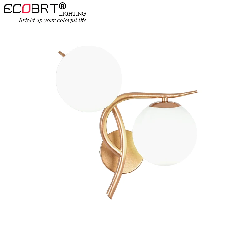 ECOBRT 2 heads Modern Led Wall lamp bathroom Golden/Silvery Iron Body wall lights sconces Glass lampshade E27 bulb 100-240V AC