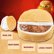HE теплая кошка кровать Дом гамбургер кровать разборки ветрозащитный питомца щенка гнездо оболочки скрытие бургер булочка для зимы