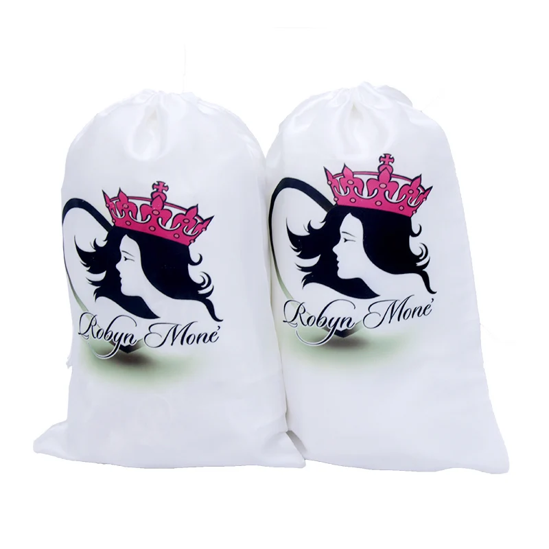 Custom LOGO Wig White Bag Satin Silk Bags For Gift Hair Extension Packing Drawstring Pouch Accept Virgin Hair Bags