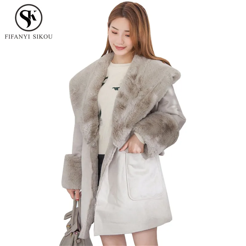 

Suede Fabric Spliced Rabbit Fur Outwear Faux fur coat Winter Coat women Loose Casual Plus size Thick warm Jacket Overcoat Female