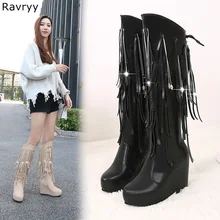 Блестящая Подвеска для декорирования кристаллами; черные высокие сапоги; женские сапоги до колена; ботинки на платформе; модная осенне-зимняя женская обувь