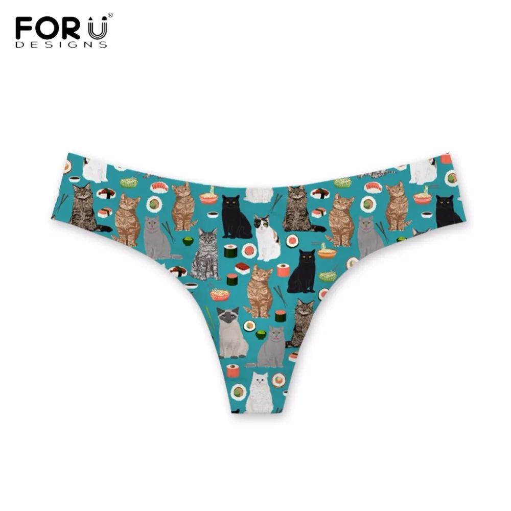 FORUDESIGNS женские сексуальные стринги с забавным 3D принтом черной кошки и суши