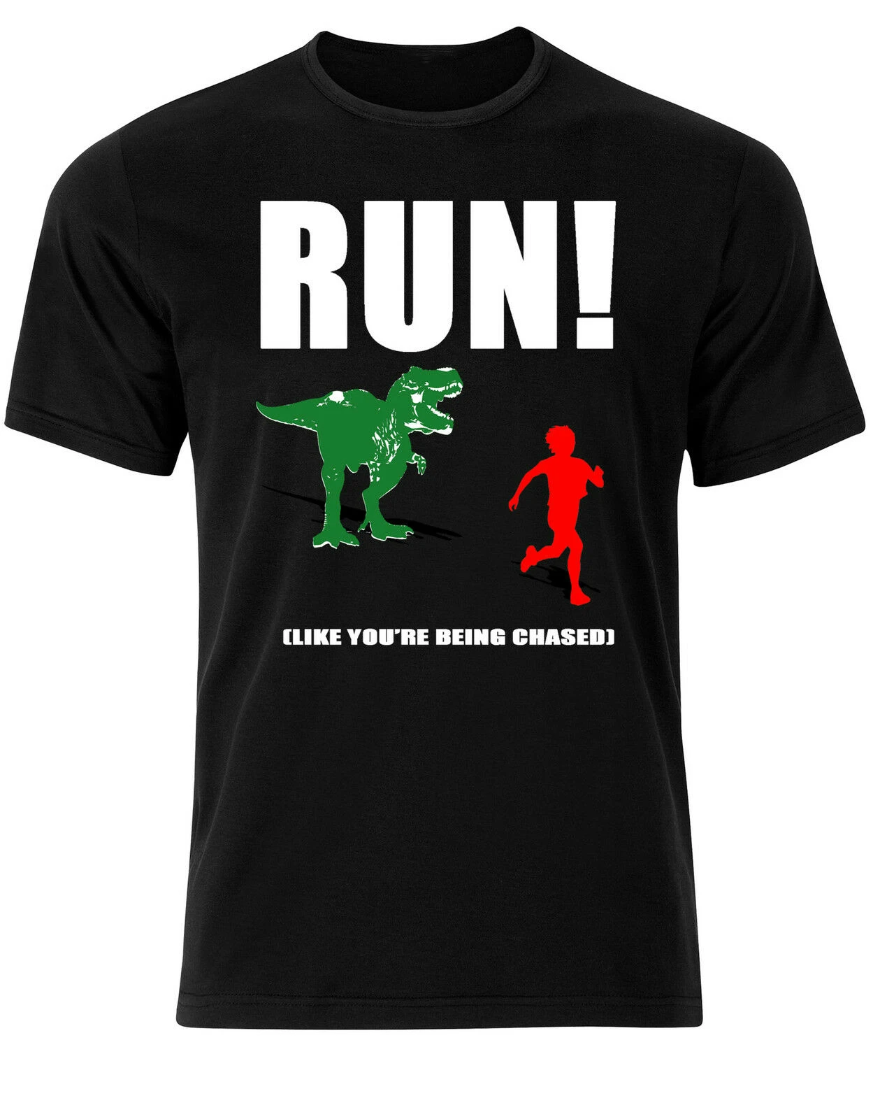 

Runs! Like You're Being Chased T-Rex Dinosaur Chasing Gymer Track Health Mens Short Sleeve Tshirt