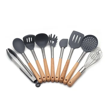 

Silicone Kitchen Utensils, 9 Piece Cooking Utensils Set with Wood Handle for Nonstick Cookware, Heat Resistant Cookware Set