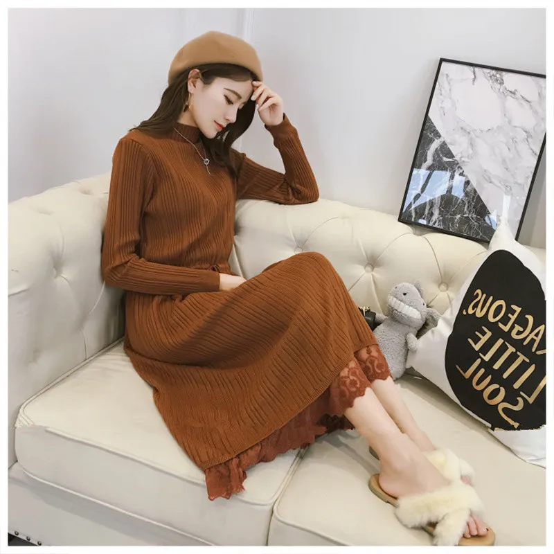 New Knit Midi Dress Women Autumn Long Sleeve Solid Knitting Dresses Female Turtleneck Lace Patchwork Party Dress Casual Clothes - Цвет: D00291 jiao tang