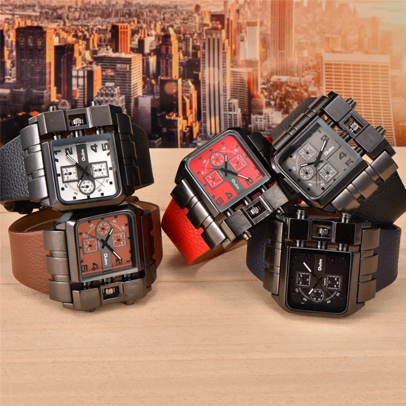 Oulm брендовые оригинальные уникальный дизайн квадратные мужские наручные часы с широким большим циферблатом повседневные кварцевые часы с кожаным ремешком Мужские спортивные часы