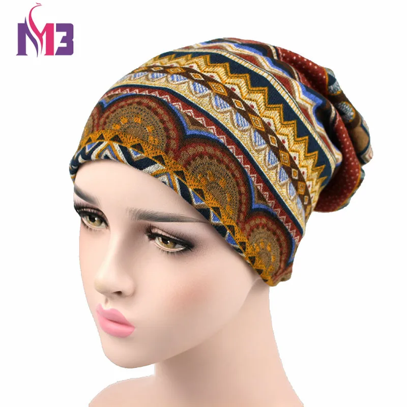 

Autumn Winter Women's Bohemian Beanie Hat Unisex Knitted Polyester Skullies Two Used Neck Warmer Casual Cap Plaid Ski Gorros Cap