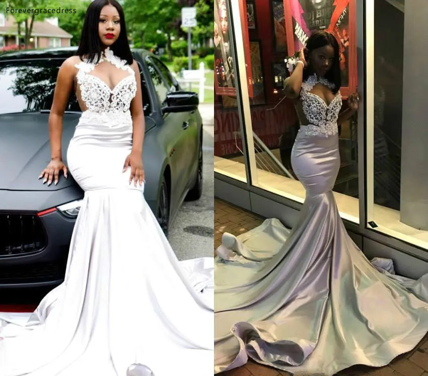 South African White Prom Dresses Mermaid Cutaway Sides Sexy Open Back Halter Keyhole Neck Appliqued Long Evening Gowns Plus Size BC1205  137 (2)