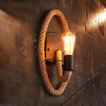

American Hanging Lamp Round Rope Hemp Rope Edison Bulb Wall Lights Aisle Balcony Stairs Bar Coffee Shop Iron Wall Art Wall Lamps